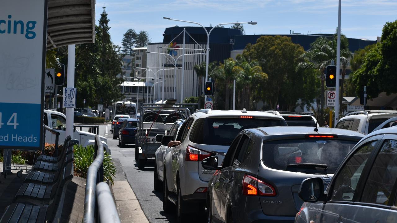 Traffic mayhem about 10.30am along Wharf St, Tweed Heads heading into the Griffith St Coolangatta checkpoint when the border bubble expanded on October 1, 2020. Photo: Jessica Lamb