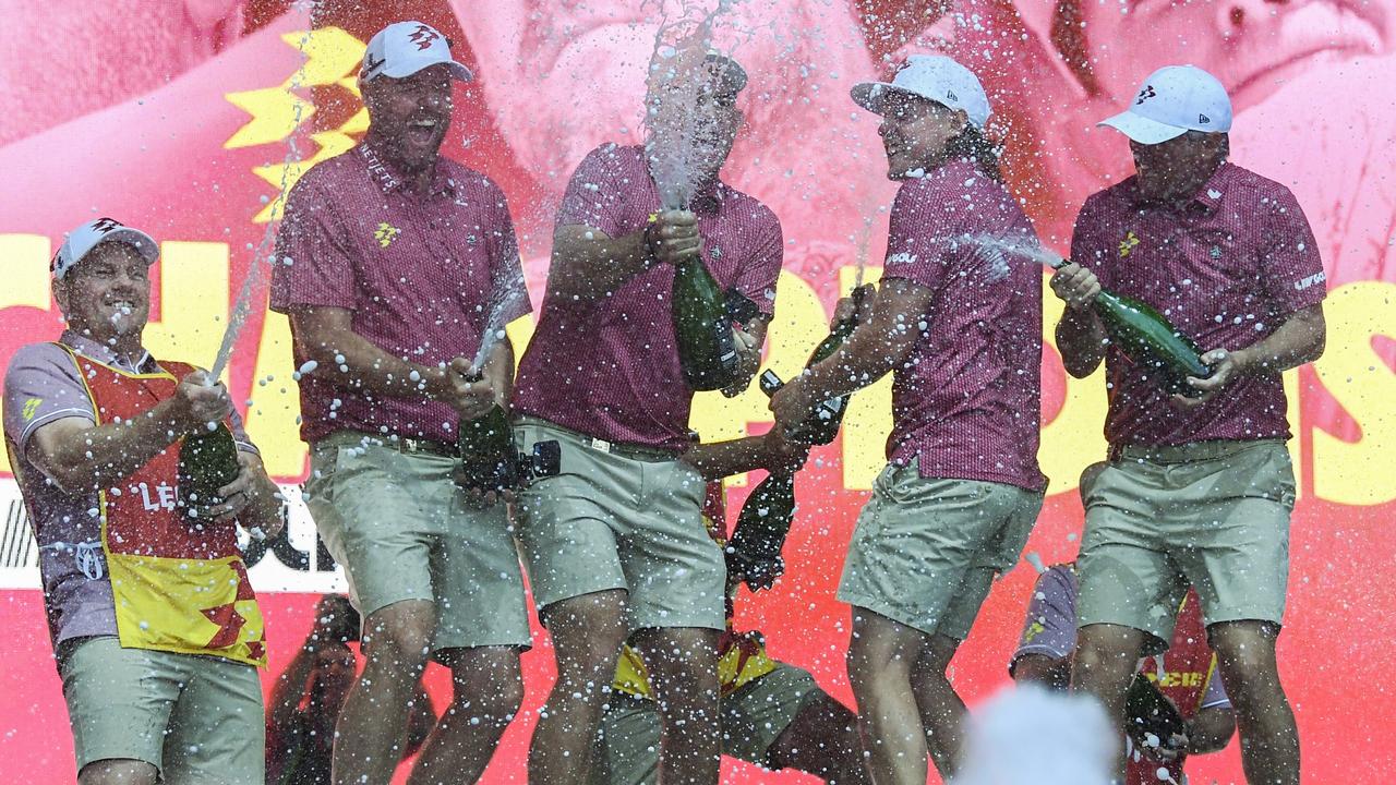 Marc Leishman, Lucas Herbert, Cameron Smith and Matt Jones celebrate. Picture: Mark Brake/Getty Images