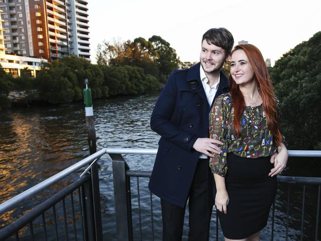 Apartment homeowners Cameron Trevor and Lauren Rountree enjoy the advantages of life in Parramatta. Picture: Justin Lloyd