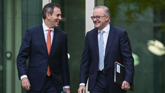 Jim Chalmers and Anthony Albanese begin the budget sell in Canberra. Picture: NCA NewsWire / Martin Ollman