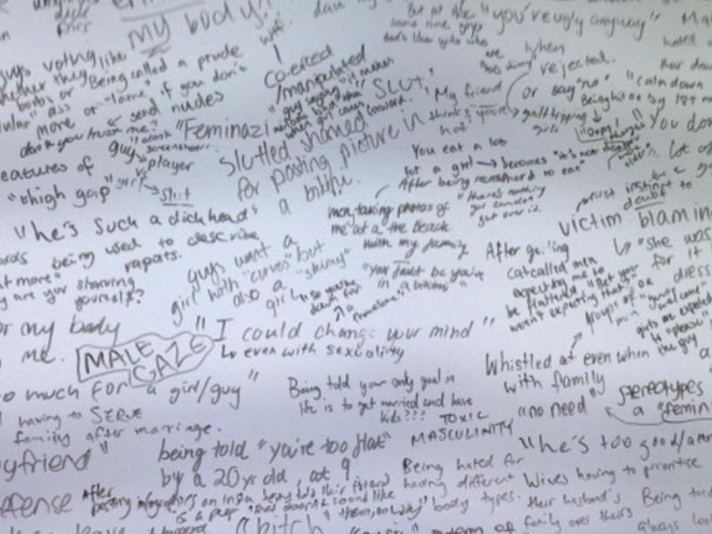 A whiteboard at Wesley College students where students wrote about their experiences.