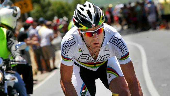 Cadel Evans on Willunga Hill during stage five of the 2010 Tour Down Under. Picture: Mark Gunter/AFP