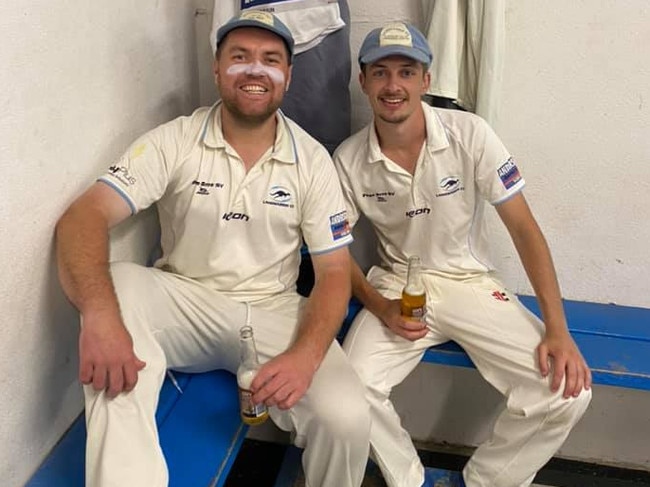 Matt Prosser (right) with teammate Taylor Smith after Langwarrin's win on Saturday.