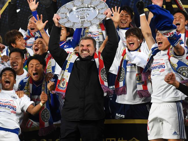 Ange Postecoglou and Yokohama F.Marinos celebrate their J.League J1 title in 2019. Picture: Etsuo Hara/Getty Images