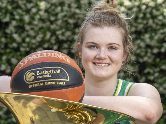 INNER WEST COURIER. Alana Goodchild is a talented teenage basketballer who plays the Tuba and is also the mascot for the Sydney Flames. She is also one of their rising stars and in an under 17s Australian basketball. Alana photographed today 2nd November 2019 at home in Dulwich Hill.  (AAP/Image Matthew Vasilescu)