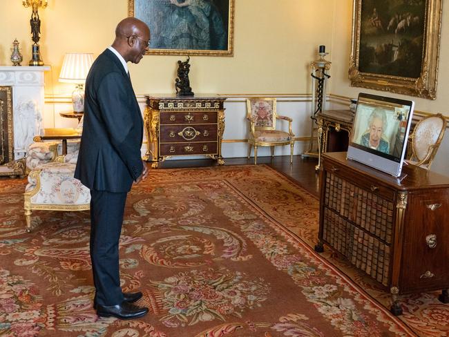 The Queen appears via videolink to receive High Commissioner for Saint Lucia Anthony Severin during her most recent official event on May 5. Picture: AFP.