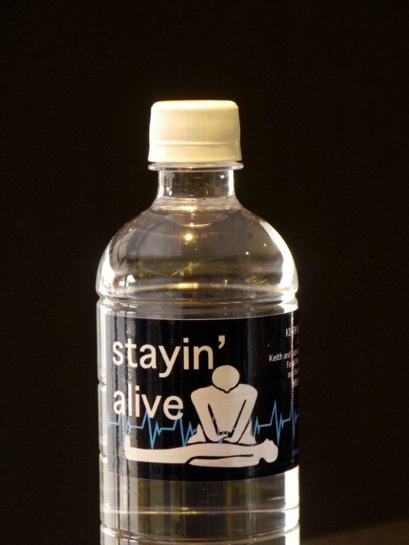 Fundraising bottled water labelled "stayin' alive" in support of the Keith Hospital during the community’s fight to keep it operating.