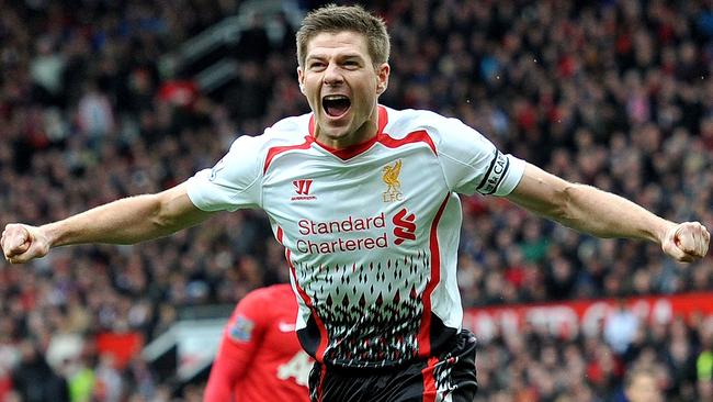 Steven Gerrard scores another EPL goal against Manchester United last year.