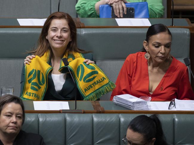 Federal Sports Minister Anika Wells wore a Socceroos scarf to mark the official last day of parliament in Canberra. Picture: NCA NewsWire / Gary Ramage