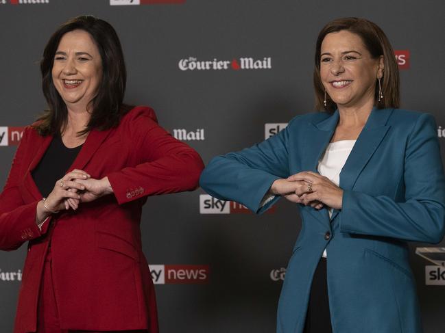 Brisbane AUSTRALIA - NewsWire Photos October 28, 2020: Queensland Premier Annastacia Palaszczuk and Queensland opposition LNP leader Deb Frecklington go head to head at the Sky News speaker forum at the Broncos Leagues Club ahead of the state election. Picture: NCA NewsWire / Sarah Marshall