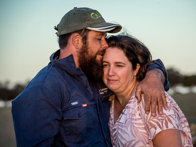 Giffard West farmer Trent Anderson with wife Nicole on their drought-stricken property.  Picture: Jake Nowakowski