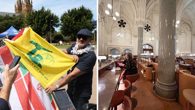 Al Yazbek holding a flag at a Sydney rally on Sunday, left, and his Melbourne restaurant Reine &amp; La Rue on Wednesday.