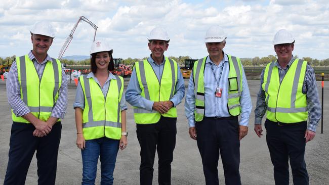 Member for Gladstone Glenn Butcher, Member for Keppel Brittany Lauga, Queensland Treasurer Cameron Dick, Alliance Airlines managing director Scott McMillan and Member for Rockhampton Barry O’Rourke at Rockhampton Airport on March 23, 2022. Picture: Aden Stokes