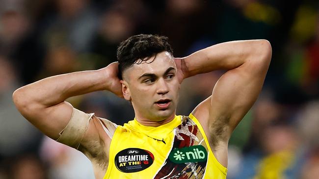 MELBOURNE, AUSTRALIA - MAY 20: Tim Taranto of the Tigers reacts to a missed shot at goal during the 2023 AFL Round 10 match between the Essendon Bombers and the Richmond Tigers at the Melbourne Cricket Ground on May 20, 2023 in Melbourne, Australia. (Photo by Dylan Burns/AFL Photos via Getty Images)