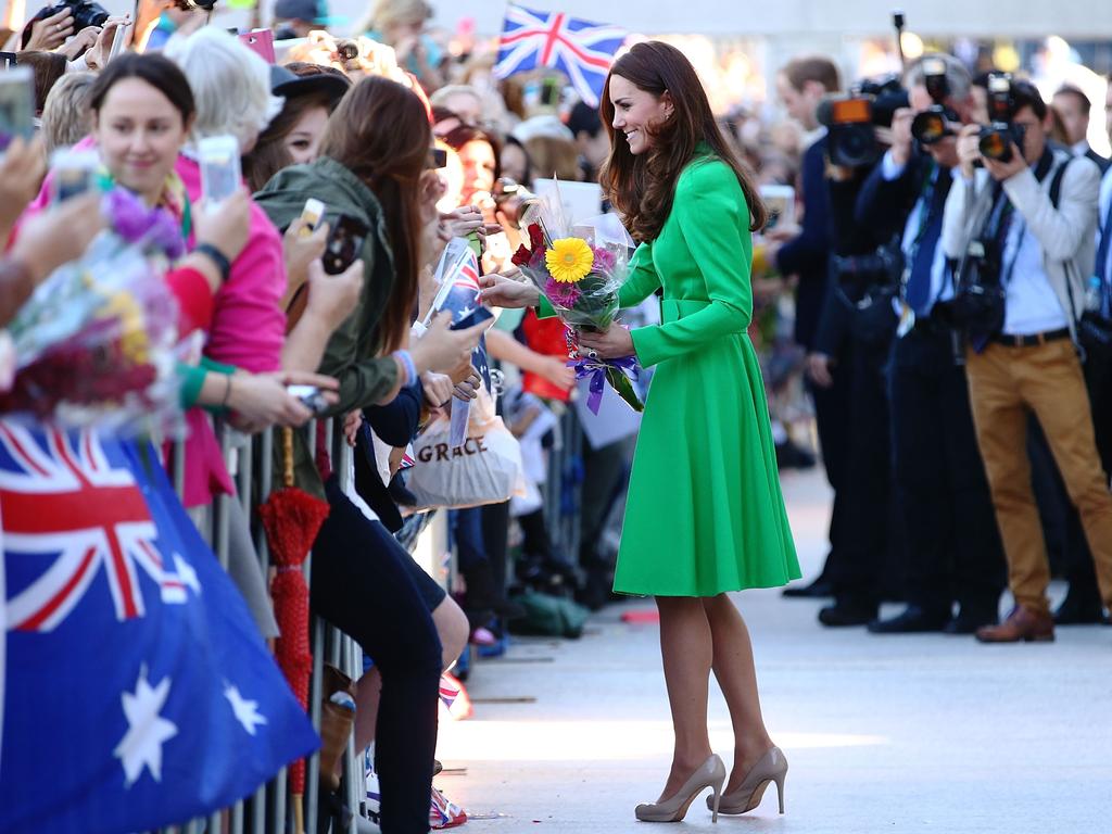 The then Duchess of Cambridge wows Aussie royal fans outside the National Portrait Gallery in Canberra during her 2014 tour. Picture: Mark Nolan/Getty Images