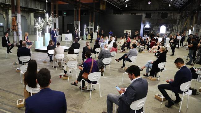 Socially distanced guests at the Australian Fashion Week announcement. Picture: Richard Dobson