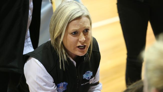 Leanne Eichler (Coach, Contax), talks to her players at quarter time. Matrics v Contax. SA Premier League Netball Grand Final, at Netball SA Stadium. 09/07/15  Picture: Stephen Laffer