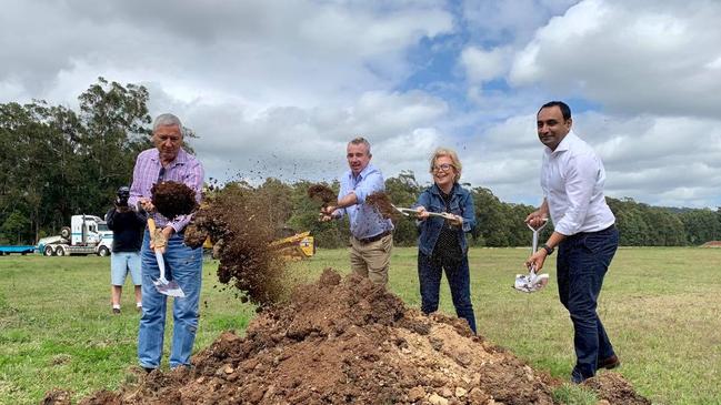 Alastair Milroy, Federal Member for Page Kevin Hogan, the previous Coffs Harbour Mayor Denise Knight and State Member Gurmesh Singh turn the first sod on the $23.1m Woolgoolga Sports Complex. Picture: Janine Watson