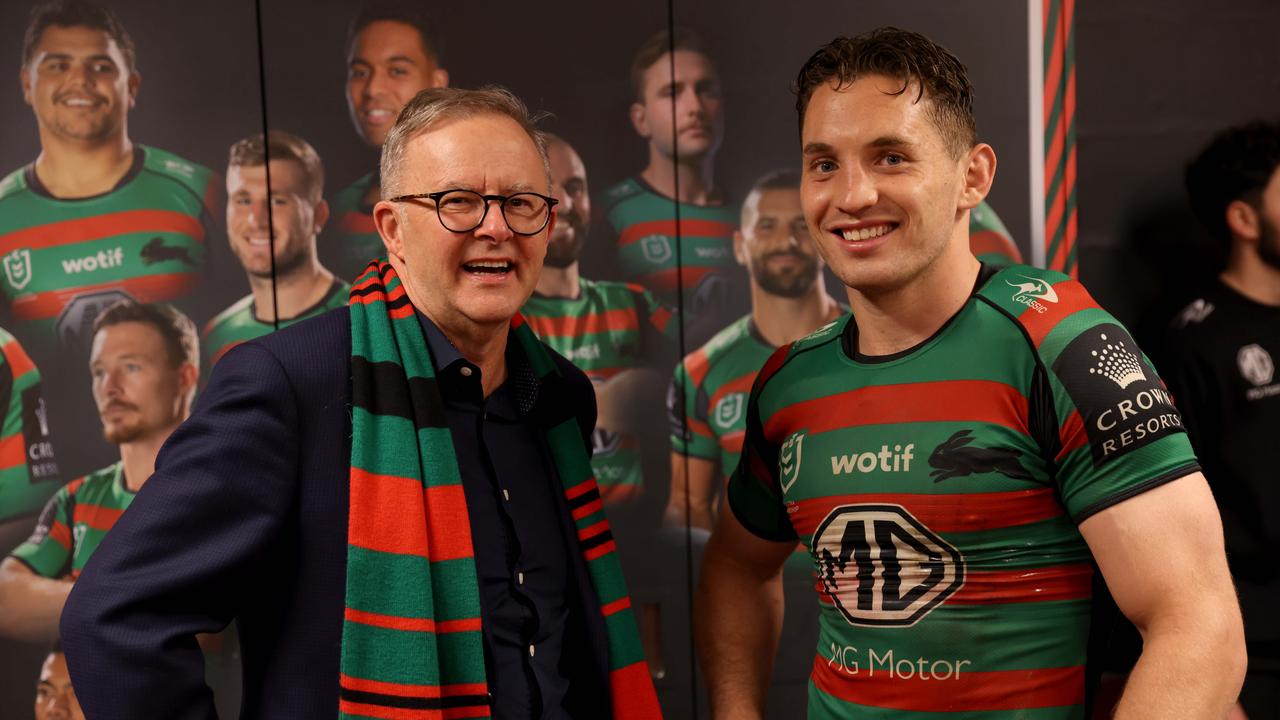 Prime minister Anthony Albanese with South Sydney captain Cam Murray. Picture: Damian Shaw