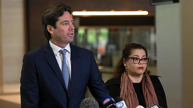 AFL CEO Gillon McLachlan and Executive General Manager Inclusion and Social Policy Tanya Hosch speak to the media. Picture: Morgan Hancock/AFL Photos/via Getty Images