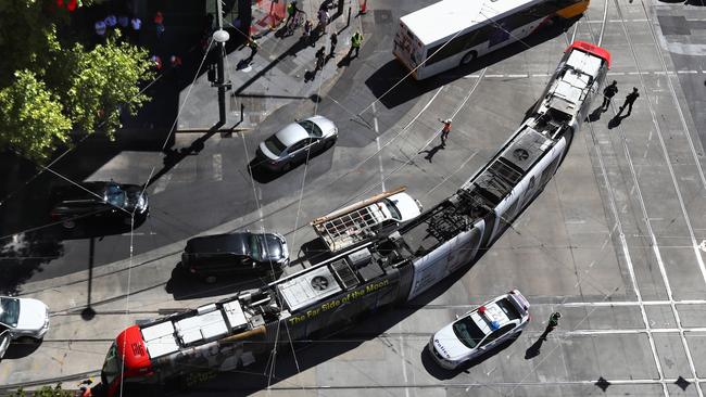 A tram turns into King William St from North Terrace. Photo: Tait Schmaal.