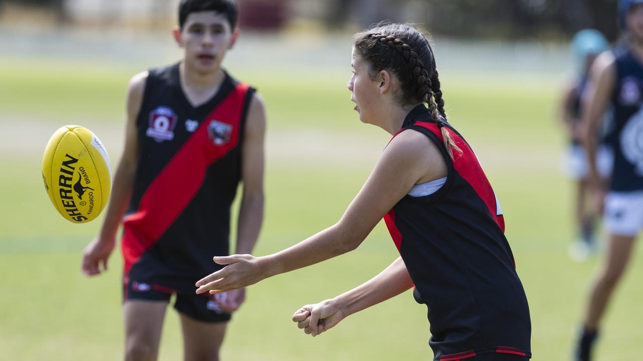 Tia Wiltshire of South Toowoomba Bombers against Coolaroo in U14 AFL Darling Downs grand final at Rockville Park, Saturday, September 2, 2023. Picture: Kevin Farmer