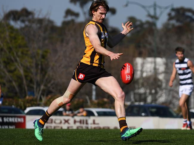 Chris jones of Box Hill is seen in action during the VFL match at Box Hill City Oval, Melbourne, Saturday, August 25, 2018. Box Hill v Geelong. (AAP Image/James Ross) NO ARCHIVING