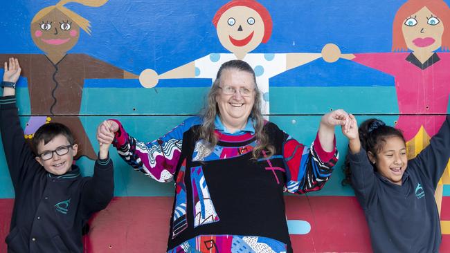 Teacher Christine Stonehouse with students Jude and Leilani at Craigieburn South Primary School. Picture: Andy Brownbill