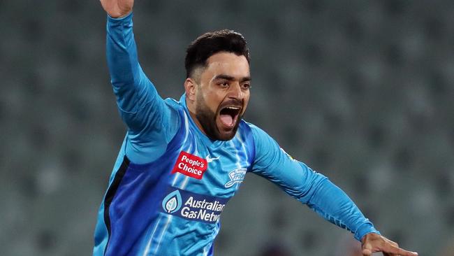 ADELAIDE, AUSTRALIA - DECEMBER 09:  Rashid Khan of the Strikers thinks he has claimed the wicket of  Mackenzie Harvey of the Renegades  - but it was  Wes Agar of the Strikers that claimed his wicket by running him out in the mix up  during the Men's Big Bash League match between the Adelaide Strikers and the Melbourne Renegades at Adelaide Oval, on December 09, 2021, in Adelaide, Australia. (Photo by Sarah Reed/Getty Images)