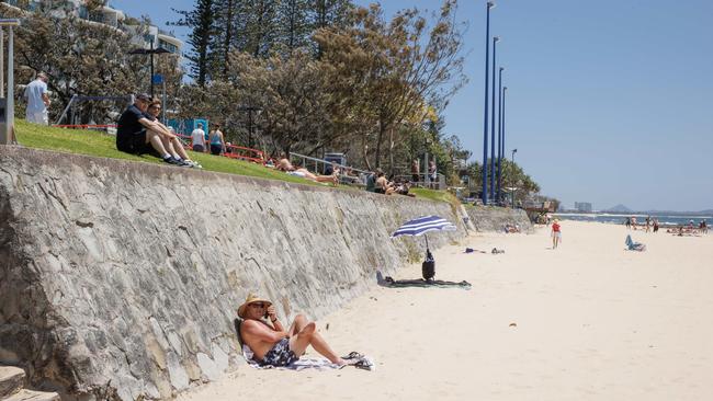 The rock wall at Mooloolaba main beach. Picture Lachie Millard