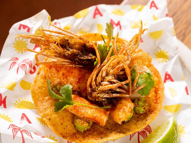 Spencer gulf prawn and avocado tostada at Masa, the Mexican eatery attached to Bowden Brewing at Plant 3