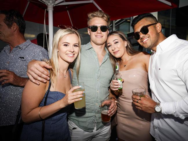 NYE Happy Fun Times. Ashleigh Turner, Daniel Smith, Jordan Gamble and Christopher Azaredo at Transport, Federation Square. Picture- Nicole Cleary