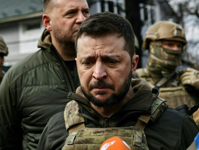 Ukrainian President Volodymyr Zelensky speaks to the press in Bucha, where bodies of civilians were found lying in the street after Russian troops withdrew. Picture: Ronaldo Schemidt/AFP