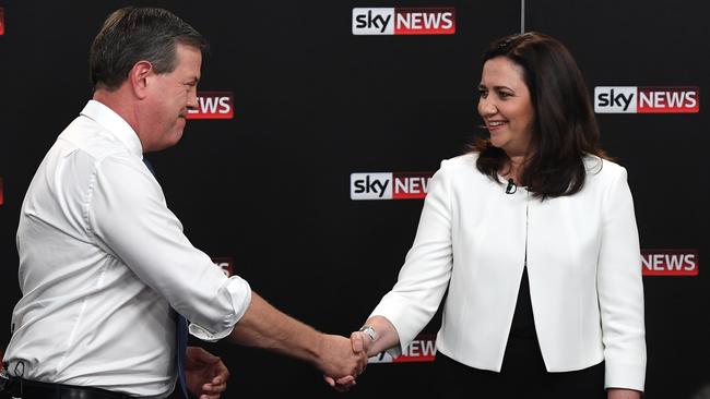 Annastacia Palaszczuk shakes hands with the Leader of the Opposition Tim Nicholls after the debate. Picture; AAP.