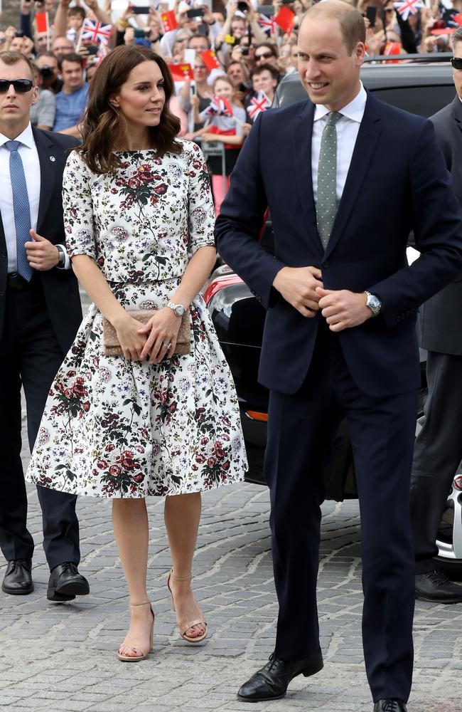 The Duchess’s floral white-and-green Erdem dress picked up on Wills’ dusty olive tie in Gdansk, Poland. Picture: Getty Images