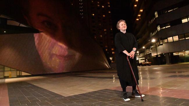 Gill Hicks with her art projection, "Blink of an Eye", in 2020. Picture: Keryn Stevens