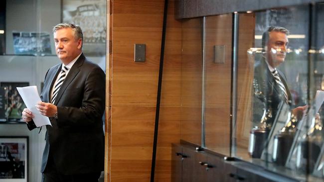 Collingwood President Eddie McGuire prepares to make his resignation speech. Picture: Alex Coppel