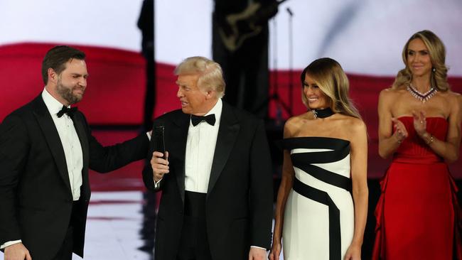 Lara Trump (right) watches Vice President JD Vance, President Donald Trump and First Lady Melania Trump during last month’s Inaugural Ball. Picture: Getty Images.