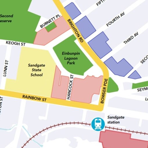 The pale pink and blue areas show where BCC proposed an increase in building height to accommodate the community's desire for more local job opportunities and retail spaces.