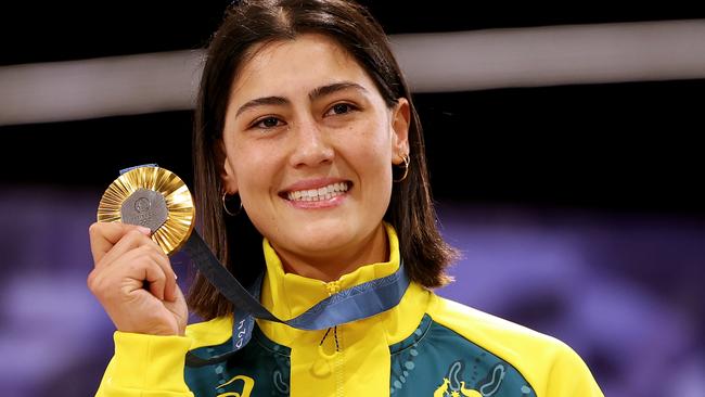 Gold medallist Saya Sakakibara of Team Australia celebrates on the podium during the Women's Final on day seven of the Olympic Games. Picture: Tim de Waele.