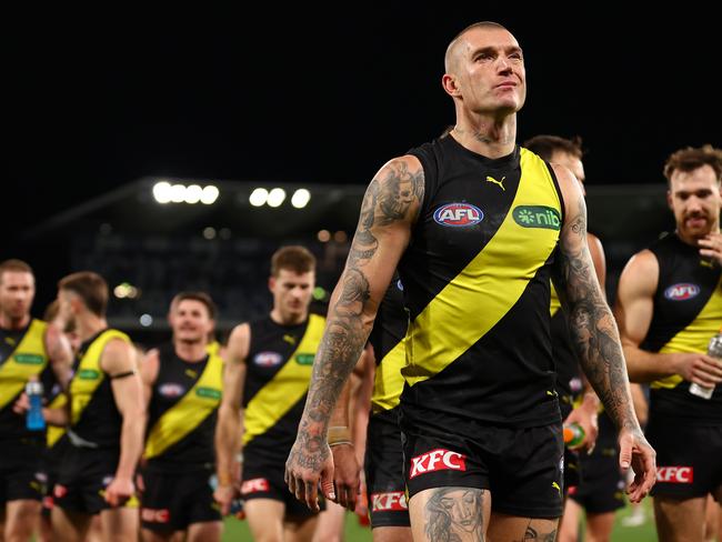 GEELONG, AUSTRALIA - JUNE 01: Dustin Martin of the Tigers looks dejected following the round 12 AFL match between Geelong Cats and Richmond Tigers at GMHBA Stadium on June 01, 2024 in Geelong, Australia. (Photo by Graham Denholm/Getty Images)