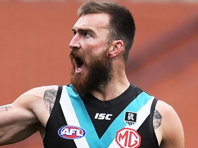 ADELAIDE, AUSTRALIA - AUGUST 08: Charlie Dixon of Port Adelaide celebrates a goal during the round 11 AFL match between the Port Adelaide Power and the Richmond Tigers at Adelaide Oval on August 08, 2020 in Adelaide, Australia. (Photo by Mark Brake/Getty Images)