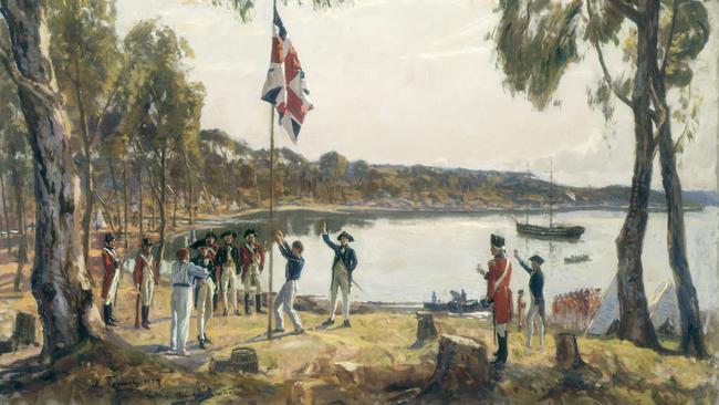 The Founding of Australia by Captain Arthur Phillip in Sydney Cove on January 26, 1788, oil painting by Algernon Talmage in 1937. Picture: State Library of NSW