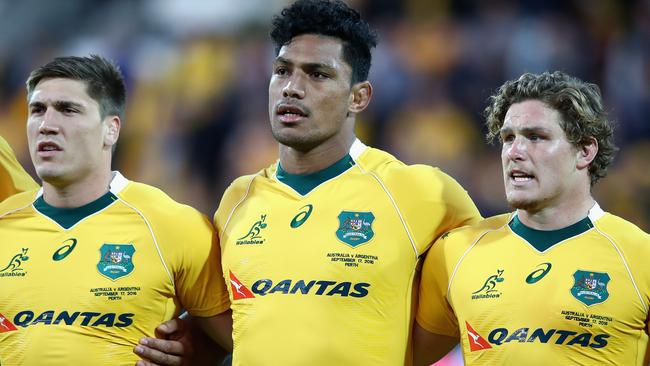 Lopeti Timani (middle) has had a big impact since joining the Wallabies, Picture: Getty Images