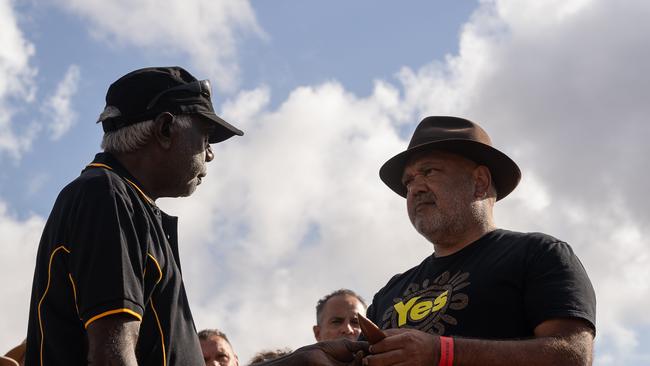 Balupalu Yunupingu handing the ceremonial yidaki to noel Pearson, on day three of Garma Festival, on Sunday August 6. Picture: Pema Tamang Pakhrin
