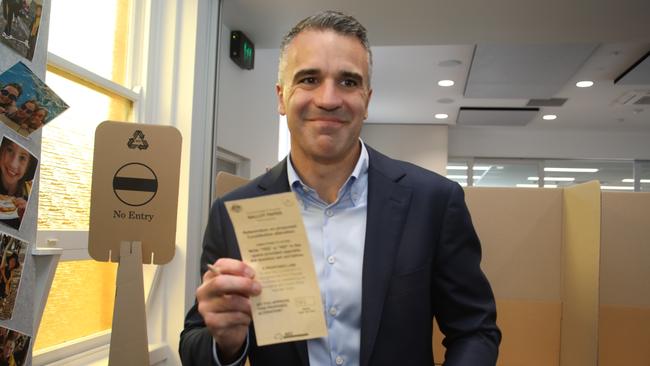 Premier Peter Malinauskas casts his ballot in the Voice referendum on Saturday. Picture: Dean Martin