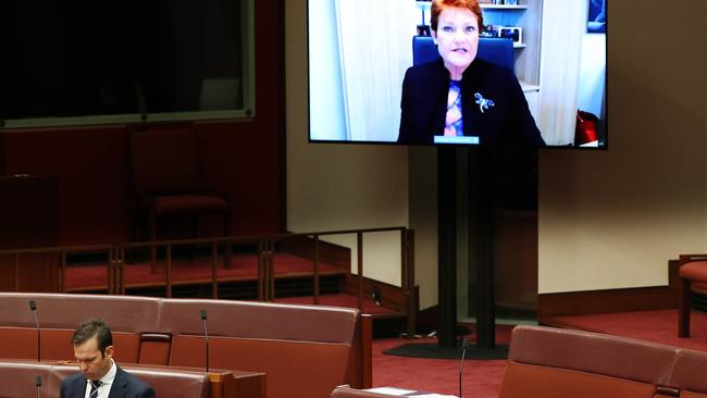 Senator Pauline Hanson via video link and Senator Matt Canavan in the Senate Chamber in Parliament House Canberra. Picture: NCA NewsWire / Gary Ramage