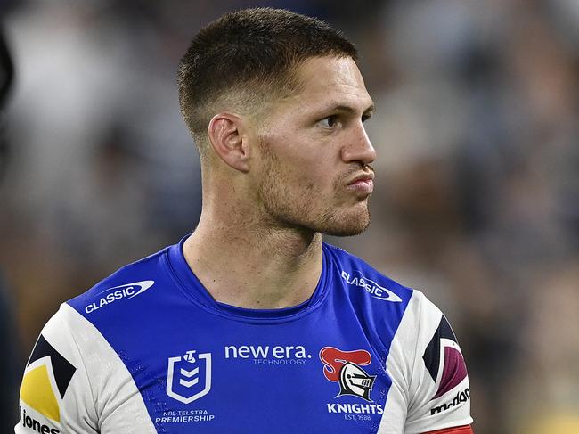 TOWNSVILLE, AUSTRALIA - SEPTEMBER 14: Kalyn Ponga of the Knights looks dejected after losing the NRL Qualifying Final match between North Queensland Cowboys and Newcastle Knights at Queensland Country Bank Stadium on September 14, 2024 in Townsville, Australia. (Photo by Ian Hitchcock/Getty Images)