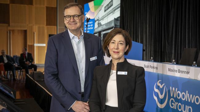 Woolworths chairman Scott Perkins and CEO Amanda Bardwell at its AGM in October. Picture: Dallas Kilponen