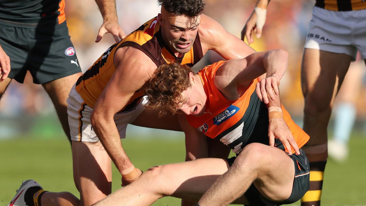 Tom Green will miss a week through suspension after a dangerous tackle on Hawthorn’s Josh Ward. Picture: Sarah Reed / Getty Images